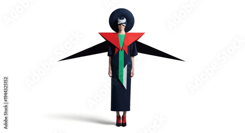 Stunning futuristic woman in bold avant-garde outfit with virtual reality headset