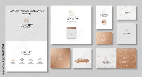 Elegant luxury brand stationery set with gold accents and marble textures
