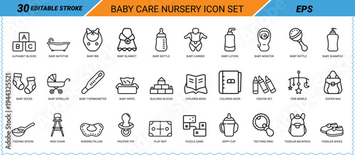 Baby Care Nursery Icon Set Editable Stroke Line Art vector illustration