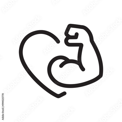 Strong Heart Muscle Fitness Icon With Flexing Bicep Arm For Healthy Lifestyle And Bodybuilding Concept