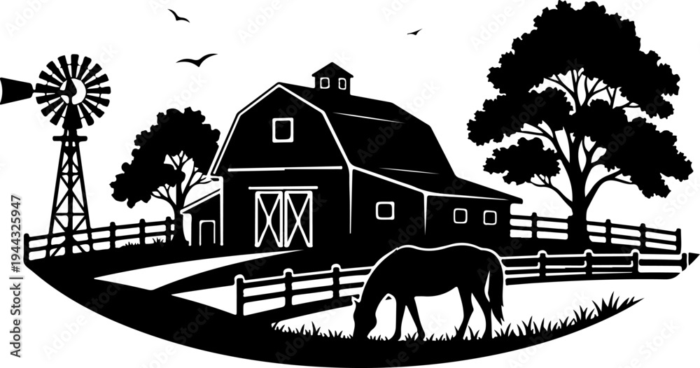 Obraz premium Rural farm landscape with wooden barn silhouette vector illustration