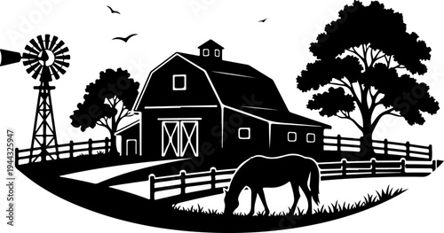 Rural farm landscape with wooden barn silhouette vector illustration