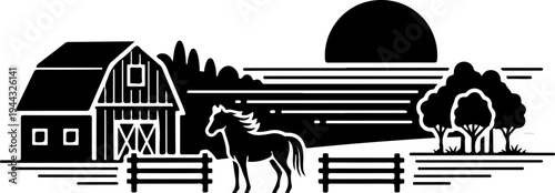 Rural farm landscape with wooden barn silhouette vector illustration