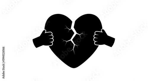 Broken Heart Silhouette with Hands Holding Pieces, Sadness and Grief Concept