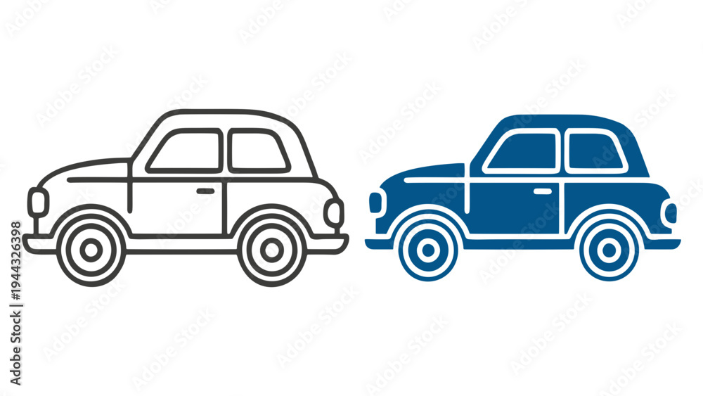 Obraz premium Classic Car Icons: A minimalist illustration features two stylized classic car icons, one in outline form and the other filled, conveying a sense of vintage automotive design.