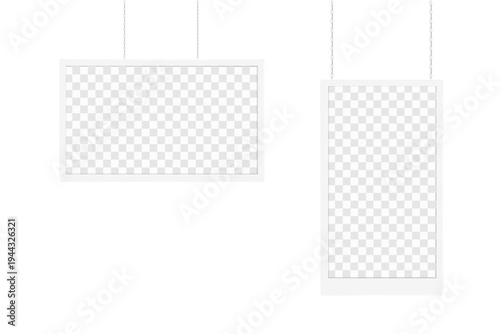 Hanging signage white frame. Realistic 3d vector mockup. Suspended digital display panel with blank transparent screen. Mock-up. Template for design