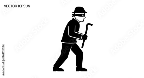 Burglar Icon with Crowbar, Masked Thief Silhouette, Crime Symbol