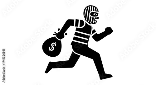 Burglar Running with Money Bag, Robbery Concept, Crime Icon