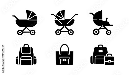 Parenting Essentials Icon Set – Baby Stroller and Diaper Bag Silhouette Vector