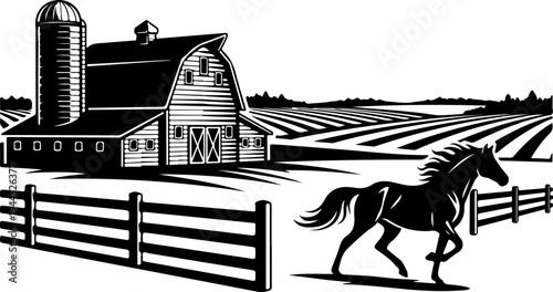 Rural farm landscape with wooden barn silhouette vector illustration
