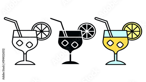 Summer Drink Icon Trio: Three refreshing cocktail icons showcase a perfect blend of modern simplicity and visual clarity. Perfect for any design or presentation.