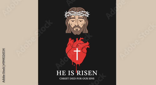 A modern illustration of Jesus Christ with a crown of thorns, featuring a heart symbol and religious text