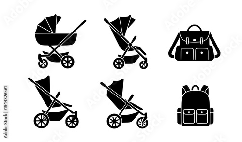 Baby Transport and Diaper Bag Silhouettes – Modern Parenting Vector Icons