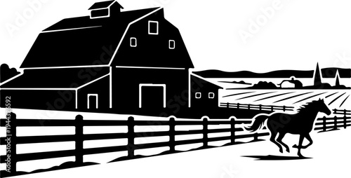 Rural farm landscape with wooden barn silhouette vector illustration