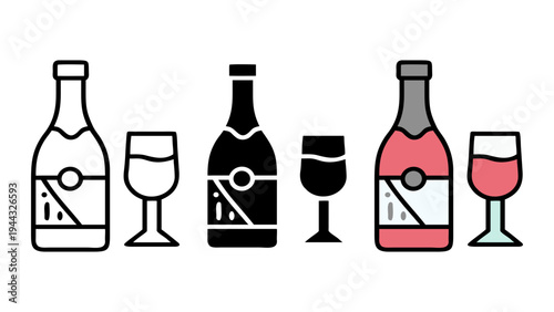 Festive Wine Trio: A captivating illustration featuring a bottle of wine and a wineglass, evoking the spirit of celebration. The minimalist design in black, white.