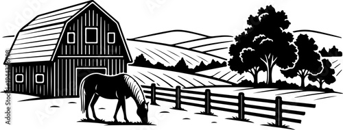 Rural farm landscape with wooden barn silhouette vector illustration