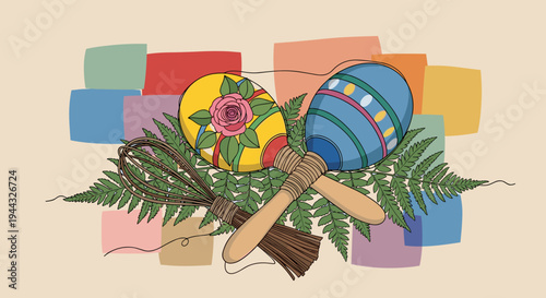 Colorful maracas with floral accents and greenery, featuring a modern flat design style, ideal for festive themes