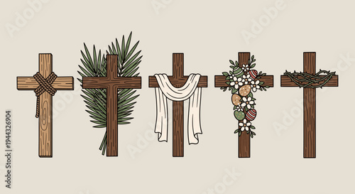 A collection of five decorative crosses featuring various designs, illustrated in a modern, flat style