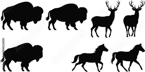 Wild animal silhouettes set, bison deer horse vector collection, wildlife mammal shapes bundle, black isolated animals, forest fauna pack, flat vector illustration