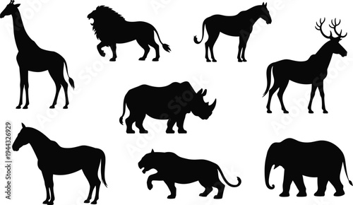 Wild animal silhouettes collection, giraffe lion horse deer rhino elephant vector set, wildlife mammals bundle, black isolated shapes, flat vector illustration