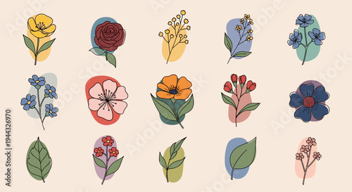 A vibrant collection of floral icons featuring various flowers and leaves in a modern, flat style