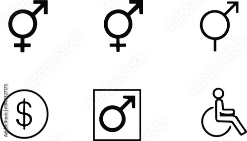 Gender symbol icons set including male female transgender identity dollar sign and wheelchair accessibility outline style vector illustration collection