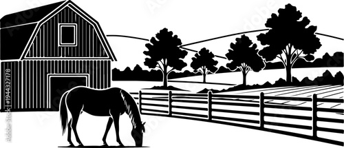 Rural farm landscape with wooden barn silhouette vector illustration