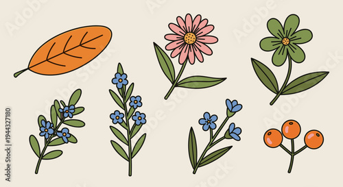 A collection of colorful floral elements including leaves, flowers, and berries in a flat design style