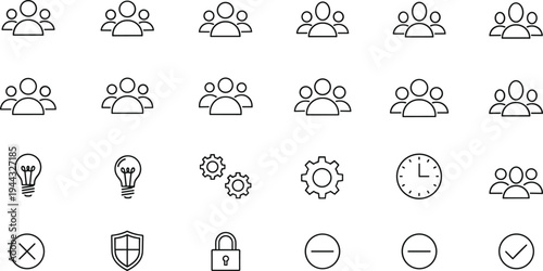 Business team and interface outline icons set including people group, idea, settings, security, time and approval symbols vector illustration