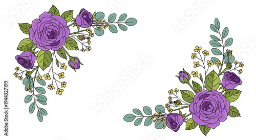 A vibrant floral arrangement featuring purple roses and green leaves in a modern, hand-drawn style