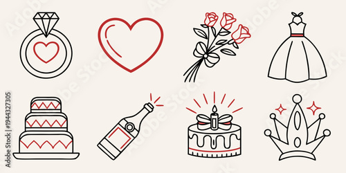 A collection of wedding-related icons including a ring, heart, flowers, dress, cake, champagne, and crown