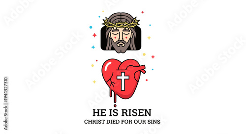 A vibrant illustration featuring a crowned Jesus above a heart with a cross, in a modern, colorful style for religious themes