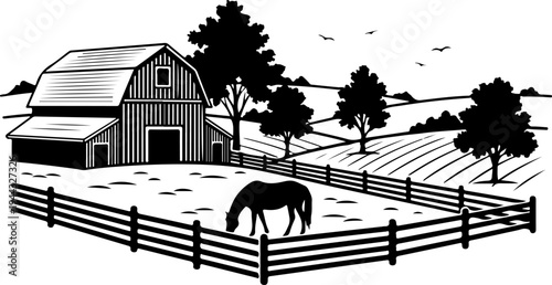 Rural farm landscape with wooden barn silhouette vector illustration