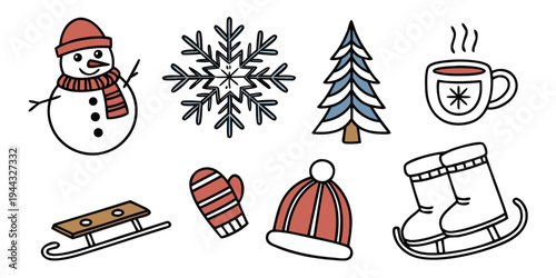 A delightful collection of winter-themed icons featuring snowflakes, a snowman, a tree, and more
