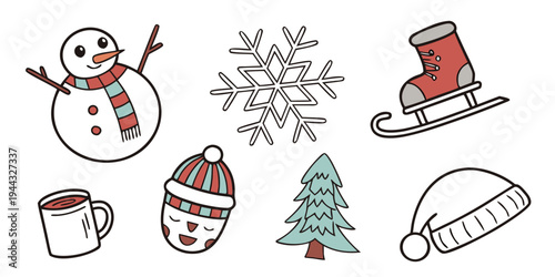 A delightful illustration featuring a snowman, snowflake, sled, mug, and tree
