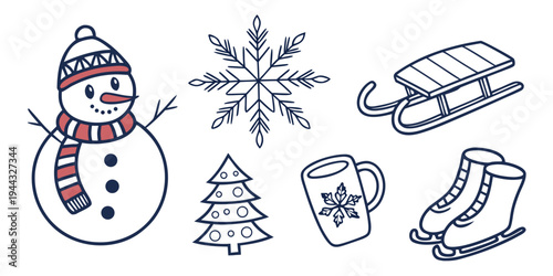 A charming snowman surrounded by winter-themed icons including a snowflake