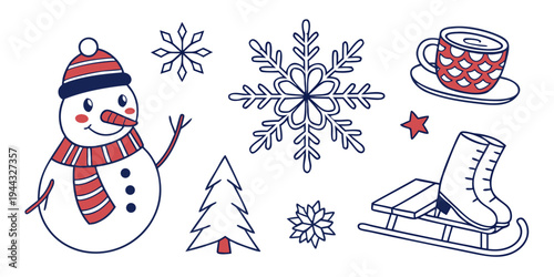 A charming winter scene featuring a snowman, snowflakes, a snowboard, and a winter hat.