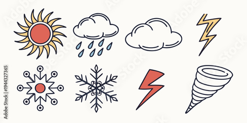 A collection of weather icons depicting various meteorological conditions and phenomena