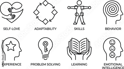 Personal Development and Soft Skills Icon Set Featuring Self Love Adaptability Problem Solving Emotional Intelligence Learning Behavior and Experience Mental Health Improvement Growth Symbols