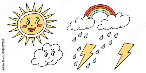 A cheerful sun smiling alongside a rainbow, dark clouds, rain, and lightning bolts