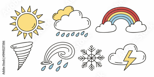 A collection of various weather icons including sun, clouds, rain, and snow