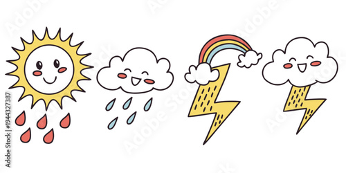 A series of four weather icons showing sun, rain, rainbow, and lightning