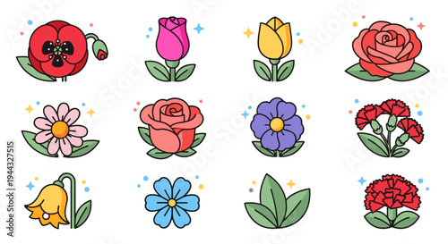 A vibrant collection of floral illustrations featuring various flowers in a playful, flat design style