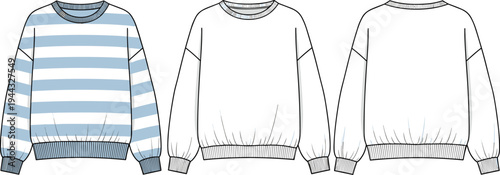 Striped sweatshirt mockup template with front, back and side views cozy casual sweater apparel vector illustration for fashion design and clothing branding