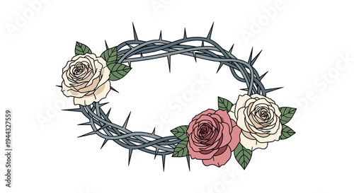 A beautiful illustration of a thorny crown adorned with pink and cream roses, featuring a modern, minimalist style