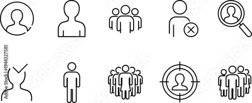 User profile and people management outline icons set including search, selection, group, approval and rejection symbols vector illustration collection