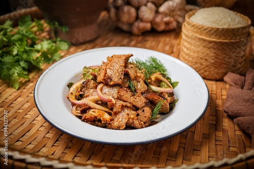 Canvastavla Traditional Thai Spicy Grilled Pork Salad (Nam Tok Moo) with Sticky Rice