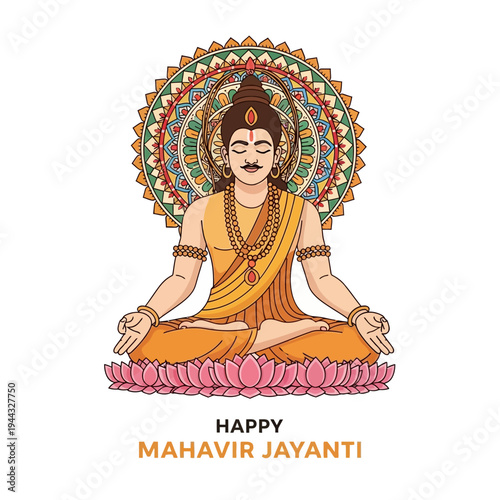 Lord Mahavir meditating in lotus pose, spiritual enlightenment, Jainism festival