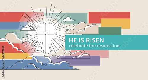 A vibrant illustration featuring a cross surrounded by clouds and rays of light, in a modern flat style