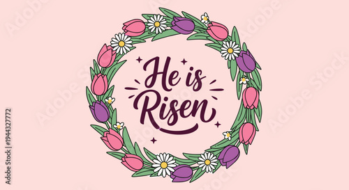 A floral wreath featuring the phrase 'He is Risen' in a modern, colorful design ideal for Easter celebrations